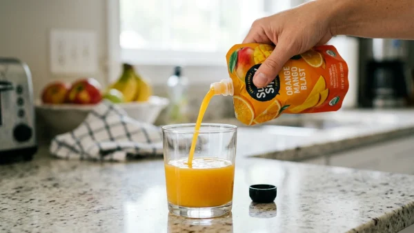 pouring juice from spout pouch